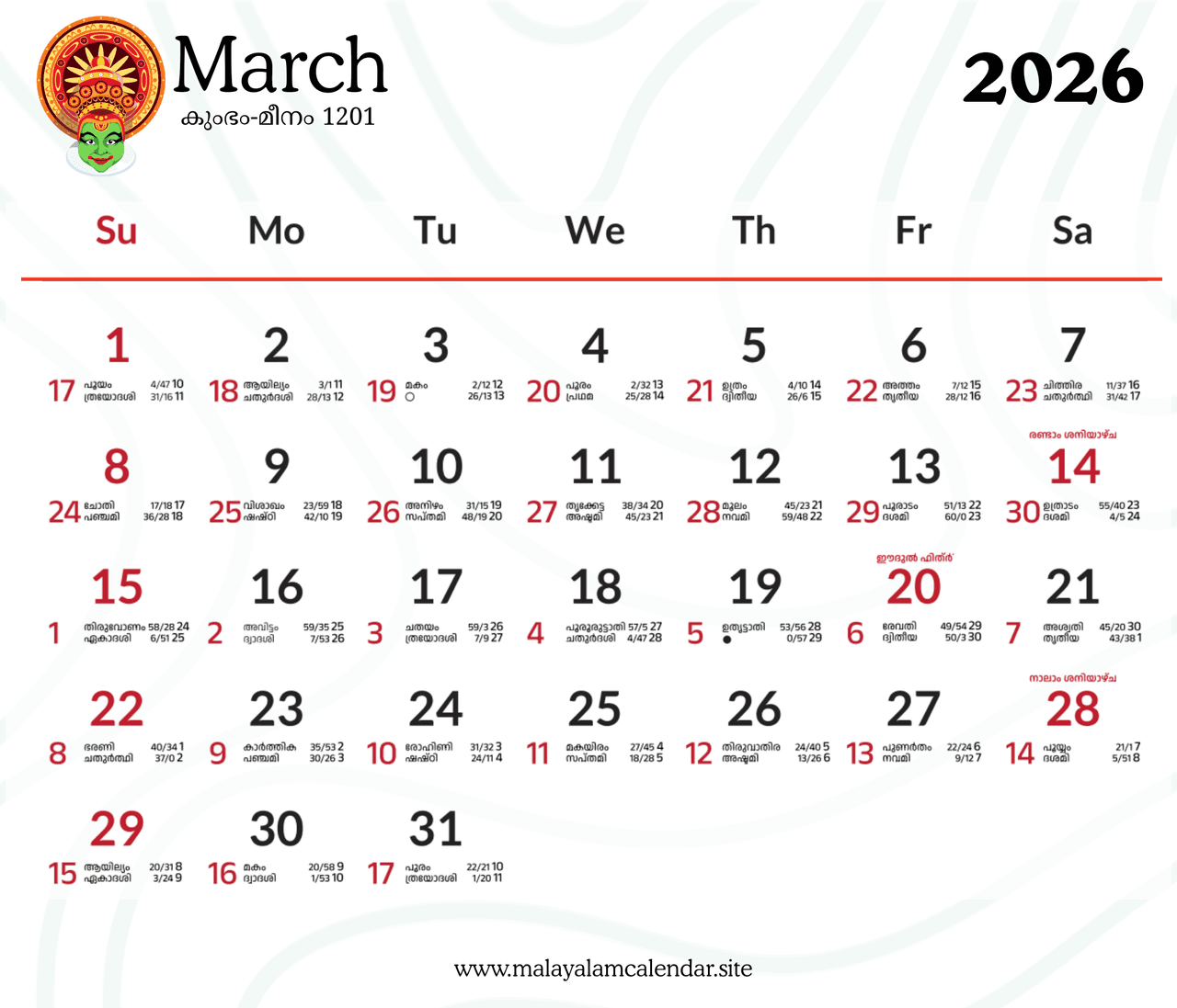 Download Malayalam Calendar March 2026 Image - High Quality Printable Monthly Planner with Nakshatram, Tithi, Rahu Kalam & Festivals for Kerala