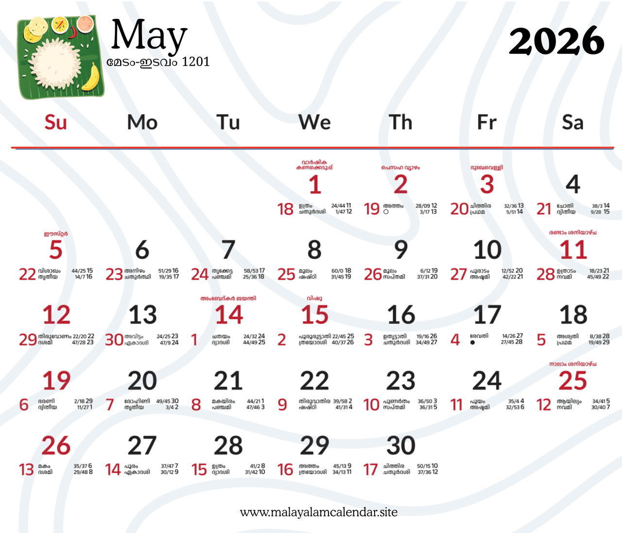 Download Malayalam Calendar May 2026 Image - High Quality Printable Monthly Planner with Nakshatram, Tithi, Rahu Kalam & Festivals for Kerala