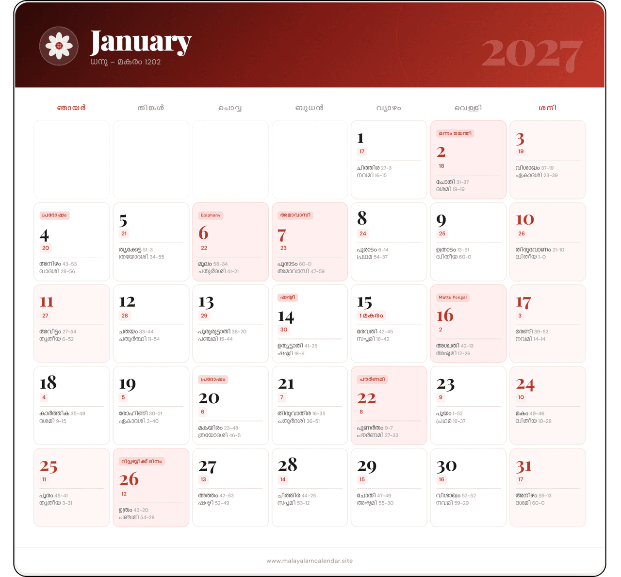 Download Malayalam Calendar January 2027 Image - High Quality Printable Monthly Planner with Nakshatram, Tithi, Rahu Kalam & Festivals for Kerala